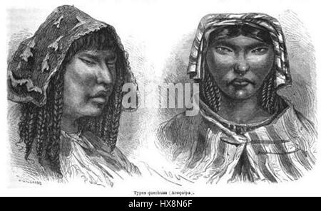 Dieses Bild oder diese Studie bezieht sich wahrscheinlich auf die verschiedenen Arten von Quechua aus der Region Arequipa in Peru. Die Quechua sind indigene Völker, die für ihr reiches kulturelles Erbe und ihre Geschichte in Südamerika bekannt sind. Stockfoto