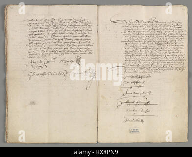 „Unie van Utrecht“ bezieht sich auf ein Dokument, das sich auf die Union von Utrecht bezieht, einen wichtigen vertrag in der niederländischen Geschichte, der im 16. Jahrhundert verschiedene Provinzen vereinte. Diese historische Bilanz spiegelt die politische Konsolidierung der Niederlande wider. Stockfoto