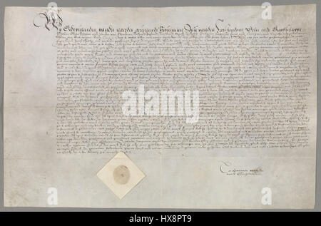 *Unie van Utrecht* bezieht sich auf die Union von Utrecht, einen wichtigen vertrag, der 1579 zwischen mehreren niederländischen Provinzen unterzeichnet wurde. Dieses Dokument gilt als Grundstein der niederländischen Geschichte und markiert den Beginn der Unabhängigkeitsbewegung von Spanien und die Gründung der Niederländischen Republik. Stockfoto