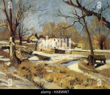 Winter in New Hope von George Oberteuffer ist ein Landschaftsbild, das eine ruhige Winterszene in New Hope, Pennsylvania, darstellt. Das Kunstwerk fängt die ruhige Schönheit der schneebedeckten Straßen und die ruhige Atmosphäre der kleinen Stadt im Winter ein. Stockfoto