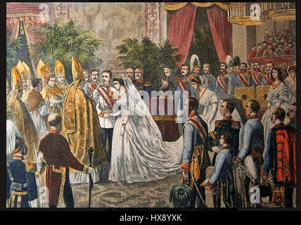 „Mariage de Sissi et Francois Joseph“ stellt die historische Hochzeit von Kaiserin Elisabeth von Österreich (Sisi) und Kaiser Franz Joseph I. dar, ein wichtiger Moment in der europäischen Königsgeschichte. Stockfoto