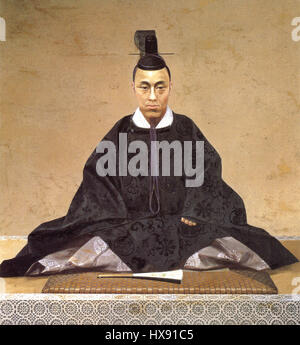 Dieses Ölgemälde von Tokugawa Yoshinobu, dem letzten Shogun des Tokugawa-Shogunats, zeigt seine Rolle beim Übergang Japans vom Feudalismus zur Meiji-Ära. Das Porträt fängt die Ernsthaftigkeit dieser historischen Schlüsselfigur ein. Stockfoto