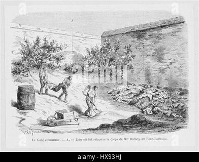 Diese Illustration aus „Le Monde Illustré“ zeigt das Massengrab auf dem Friedhof Père Lachaise in Paris. Das Bild zeigt die düstere und ergreifende Szene des gemeinsamen Grabes, die die Erinnerung an den Verstorbenen im Frankreich des 19. Jahrhunderts widerspiegelt. Stockfoto