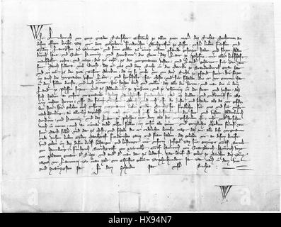 Diese Urkunde von Kaiser Ludwig IV., die aus seiner Regierungszeit im frühen 14. Jahrhundert stammt, ist ein wichtiges historisches Dokument, das politische und administrative Entscheidungen umreißt. Es gibt Einblicke in die Regierungsführung und den rechtlichen Rahmen des Heiligen Römischen Reiches während seiner Regierungszeit. Stockfoto