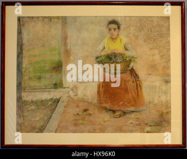 *La Pubilleta* von Mas Fondevila repräsentiert eine traditionelle spanische ländliche Szene, die das tägliche Leben auf dem Lande einfängt. Fondevilas Werk beschäftigt sich mit Themen der Einfachheit, der ländlichen Traditionen und der Schönheit des pastoralen Lebens im Spanien des 19. Jahrhunderts. Stockfoto