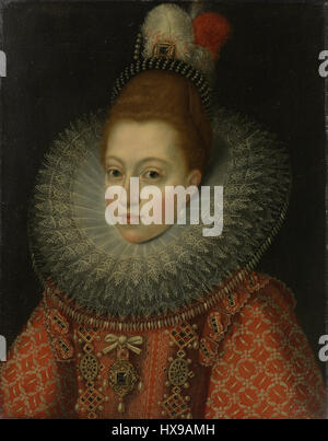 Dieses Porträt zeigt Margarete von Österreich, Tochter des Kaisers Maximilian II., der Königin von Spanien wurde. Es ist im Rijksmuseum in Amsterdam untergebracht und zeigt ihre königliche Kleidung und die Eleganz europäischer königlicher Porträts aus dem späten 16. Jahrhundert. Stockfoto