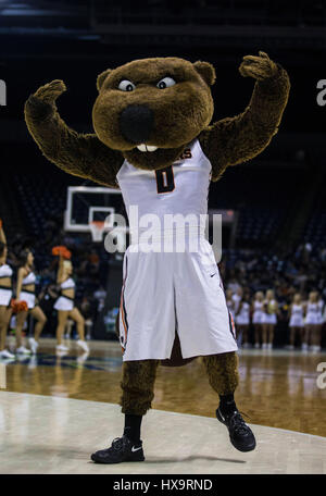 Stockton, CA, USA. 25. März 2017. A. Oregon State Maskottchen während der NCAA Frauen Basketball Stockton regionale Spiel zwei zwischen Oregon State Beavers und Florida State Seminolen 53-66 verloren in Stockton Arena Stockton, CA. Thurman James/CSM/Alamy Live News Stockfoto