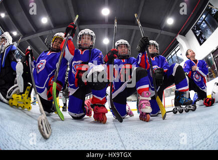 (170326)--GUANGZHOU, 26. März 2017 (Xinhua)--Spieler Inline-Hockey-Mannschaft von Guangzhou Pui Ching Grundschule Pose für Fotos nach einer Trainingseinheit in Guangzhou, Hauptstadt der südchinesischen Provinz Guangdong, 10. März 2017.     Wenn für das Jahr 2022 Olympischen Winterspiele, China soll 300 Millionen Menschen im Land zur Teilnahme an Wintersport, einschließlich der im Süden lebenden ermutigen und Westchina bieten. Guangdong Teilnahme an etwa 400.000 Menschen-Zeiten im Wintersport jährlich. Jetzt gibt es zwei indoor Eisbahnen in Guangzhou und 14 in der gesamten Provinz Guangdong. 8 c Stockfoto