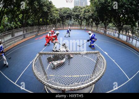 (170326)--GUANGZHOU, 26. März 2017 (Xinhua)--Spieler Inline-Hockey-Mannschaft aus Guangzhou Nr. 41 Mittelschule besuchen eine Trainingseinheit in eine Eisbahn in Guangzhou, Hauptstadt der südchinesischen Provinz Guangdong, am 16. März 2017. Guangzhou-Nr. 41-Mittelschule hat 3 Roller Eislaufplätze und kaufte einige Gänge der Inline-Hockey in den letzten Jahren gebaut.       Wenn für das Jahr 2022 Olympischen Winterspiele, China soll 300 Millionen Menschen im Land zur Teilnahme an Wintersport, einschließlich der im Süden lebenden ermutigen und Westchina bieten. Guangdong Teilnahme an etwa 400.000 Menschen-Zeiten Stockfoto