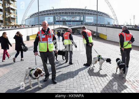 London, UK.  26. März 2017.  Handler mit Polizeihunde, die tragen Jacken Explosive Suche gekennzeichnet sind auf Wembley Weg gesehen. Nach dem Terroranschlag von Westminster ist eine sichtbare Präsenz auf dem Display außerhalb Wembley-Stadion für WM-Qualifikation-Spiel zwischen England und Litauen.   Bildnachweis: Stephen Chung / Alamy Live News Stockfoto