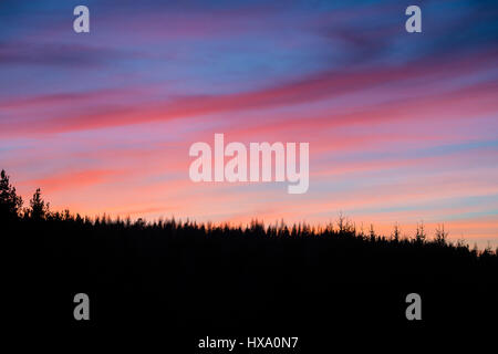 Die Sonne geht hinter Ben Wyvis in den schottischen Highlands, in der Nähe von Inverness am ersten Tag der Britische Sommerzeit und einen anderen Tag der herrlichen Sonnenschein und blauem Himmel in den Highlands. Stockfoto