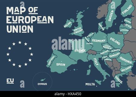 Poster-Karte der Europäischen Union mit Ländernamen Stock Vektor