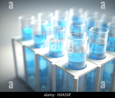 3D Illustration. Reagenzgläser gefüllt mit blauen Chemie. Stockfoto