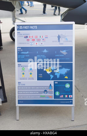 LEEUWARDEN, Niederlande - 6. Juni 2016: Informationen Schild mit einigen Fakten über die f-35 Lightning Bomber Fighter während der Royal Dutch Air Force da Stockfoto