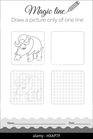 Schwarz / weiß-сoloring-Buch für Kinder. Coloring Book Bildung. Aufgabe: Zeichnen Sie ein Bild nur aus einer Zeile Büffel Stock Vektor