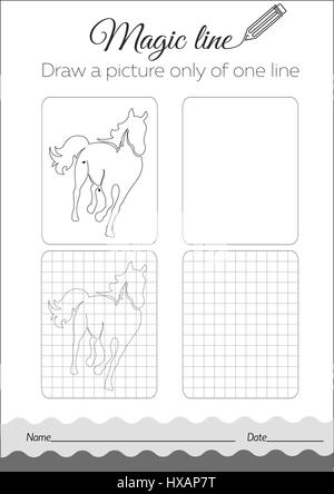 Schwarz / weiß-сoloring-Buch für Kinder. Coloring Book Bildung. Aufgabe: Zeichnen Sie ein Bild nur aus einer Zeile Pferd Stock Vektor