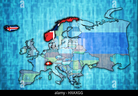 politische Karte von Europa mit Flaggen der Länder der Europäischen Freihandelsassoziation (EFTA) Stockfoto