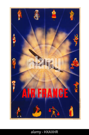 Vintage Travel poster Air 1930 Frankreich Art déco-travel Poster mit einem Twin engined propellor Flugzeug im Flug, die durch Daten in traditioneller Kleidung aus der ganzen Welt umgeben. Lithographie von S. Chanove Stockfoto