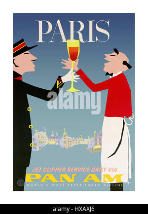 Pan am Pan am American Jet Clipper Service von PARIS Vintage Retro 1960 Airline-Poster Jet Clipper, das die Flugreise nach Paris Frankreich anpricht Stockfoto