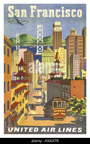 San Francisco, Kalifornien - United Air Lines - Seilbahn in Chinatown - Vintage Airline Travel Poster von Joseph Fehér c.1950s Stockfoto