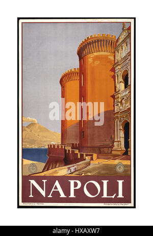 NAPOLI NEAPEL Vintage Retro 20er Jahre Reise-Poster für Napoli (Neapel) Mit Vesuv Vulkan Rauchen im Hintergrund Italien Stockfoto