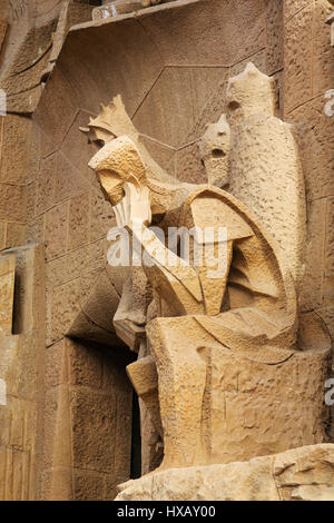 Detail von der Leidenschaft Fassade von Gaudis La Sagrada Familia, Barcelona, Katalonien, Spanien. Stockfoto