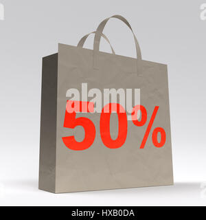 Papiertüte mit 50 Prozent Inschrift, 3D-Rendering Stockfoto
