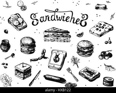 Vektor-Illustration einer Skizze über ein Thema von leichten Snacks, Fastfood, Sandwiches. Erfolgt von Hand in schwarz und weiß. Isoliert auf weißem Hintergrund Stock Vektor