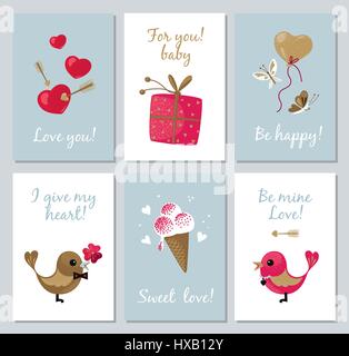 St. Valentinstag. Set Mini-Poster mit dem Bild des Herzens Emoticons, in Wohnung-Stil zum Valentinstag gemacht. Pauschalreisen. Vektor-Illustration auf t Stock Vektor