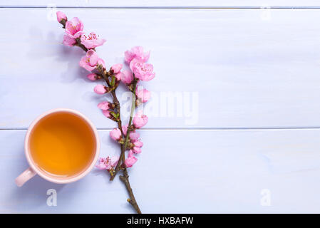 Tasse grüner Tee und Zweige der blühenden Pfirsich auf lila Holztisch Stockfoto