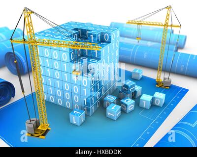 3D Darstellung der Kran und binäre Würfel Bau auf blauem Hintergrund Stockfoto