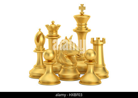 Goldene Schachfiguren, 3D-Rendering isolierten auf weißen Hintergrund Stockfoto