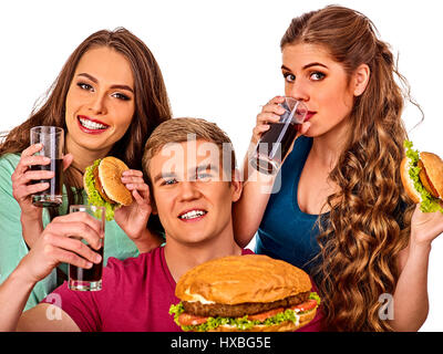 Gruppe Hamburger Fastfood mit Schinken in Händen der Menschen. Stockfoto