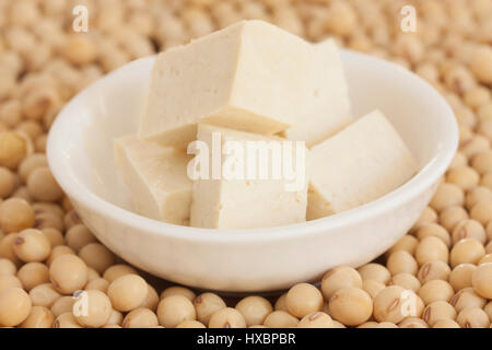 Vielzahl von Soja-Produkten: Tofu und Sojabohnen Stockfoto