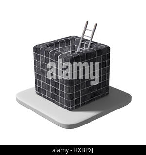 3D-Rendering einer Leiter platziert in einem Cube-Block mit schwarzen Ziegeln gedeckt. Stockfoto