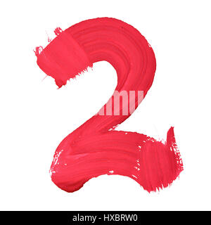 2 - rote handschriftliche Ziffern auf weißem Hintergrund Stockfoto