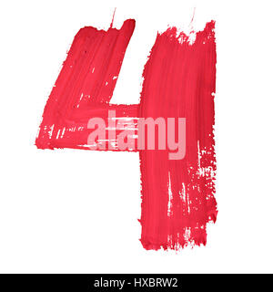 4 - rote handschriftliche Ziffern auf weißem Hintergrund Stockfoto