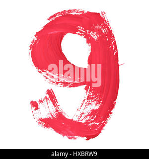 9 - rote handschriftliche Ziffern auf weißem Hintergrund Stockfoto
