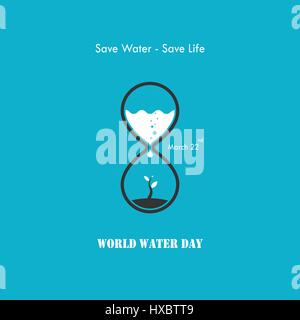 Wasser Tropfen und Sanduhr-Symbol mit kleiner Baum Symbol Vektor-Logo Design-Vorlage. World Water Day Symbol. World Water Day Idee Kampagnenkonzept für Gruß Stock Vektor