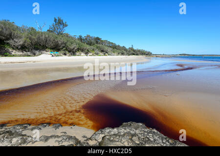 Tannin-gefärbten Bach fließt ins Meer in Abrahams Schoß Reserve, Currarong, Jervis Bay, Shoalhaven, New South Wales, NSW, Australien Stockfoto