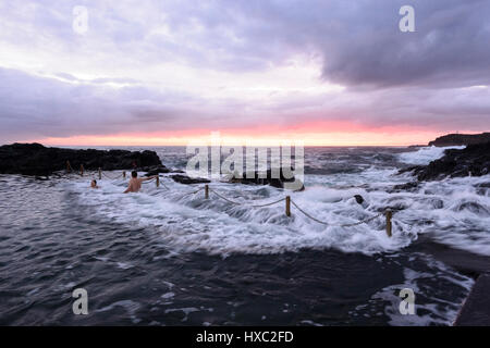 Menschen schwimmen in Kiama Felsenbad bei Sonnenaufgang mit hohem Seegang, große Wellen und einem rosa Himmel Kiama, Illawarra Coast, New-South.Wales, NSW, Australien Stockfoto
