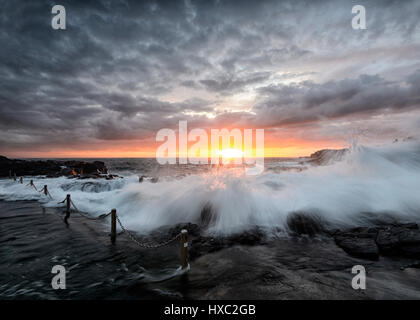 Dramatische Sonnenaufgang über schwere See mit großen Wellen, Bewegungsunschärfe und rosa Himmel, Kiama Felsenpool, Illawarra Coast, New-South.Wales, NSW, Australien Stockfoto