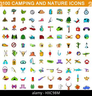 100 camping Icons set, cartoon-Stil Stock Vektor