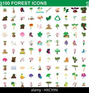 100 Wald Icons set, cartoon-Stil Stock Vektor