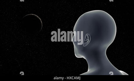 Rückansicht eines menschenähnlichen Aliens Blick auf einem felsigen Planeten im Weltraum (3d Illustration) Stockfoto