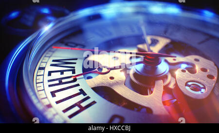 Reichtum - Text auf Taschenuhr. 3D Render. Stockfoto