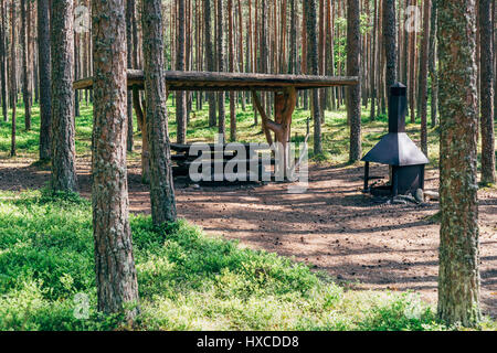 Campingplatz mit Holztisch und Grill im Sommer Wald. Gut organisierten Campingplatz Stockfoto