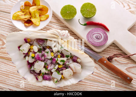 Ceviche peruanischen Rezept mit gebratenen Bananen und Zutaten auf Holztisch Stockfoto