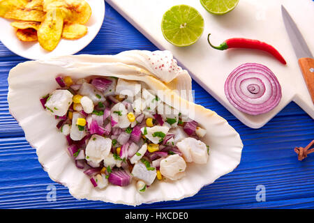 Ceviche peruanischen Rezept mit gebratenen Bananen und Zutaten auf blauen Holztisch Stockfoto