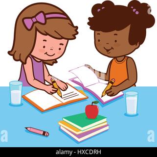 Die Schüler machen ihre Hausaufgaben. Kinder machen ihre Hausaufgaben auf einem Schreibtisch im Klassenzimmer. Vektorabbildung Stock Vektor
